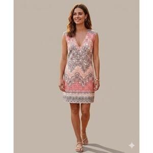 Warehouse Pink Floral Cotton V-Neck Mini Shift Dress Feminine Women's Size 4